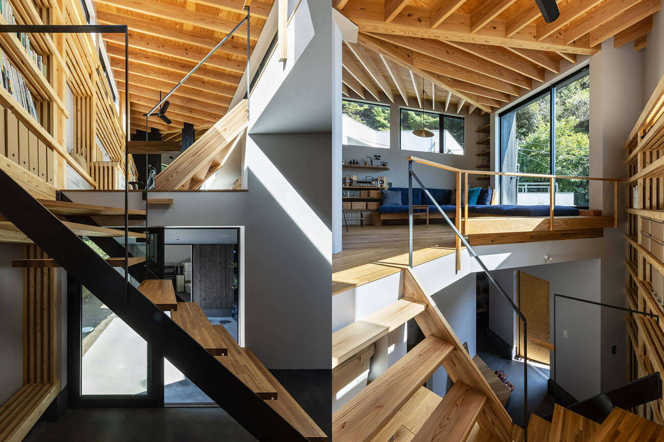 階段からスキップフロア、2階リビング | yamanone no ie | FUDO一級建築士事務所-設計事例